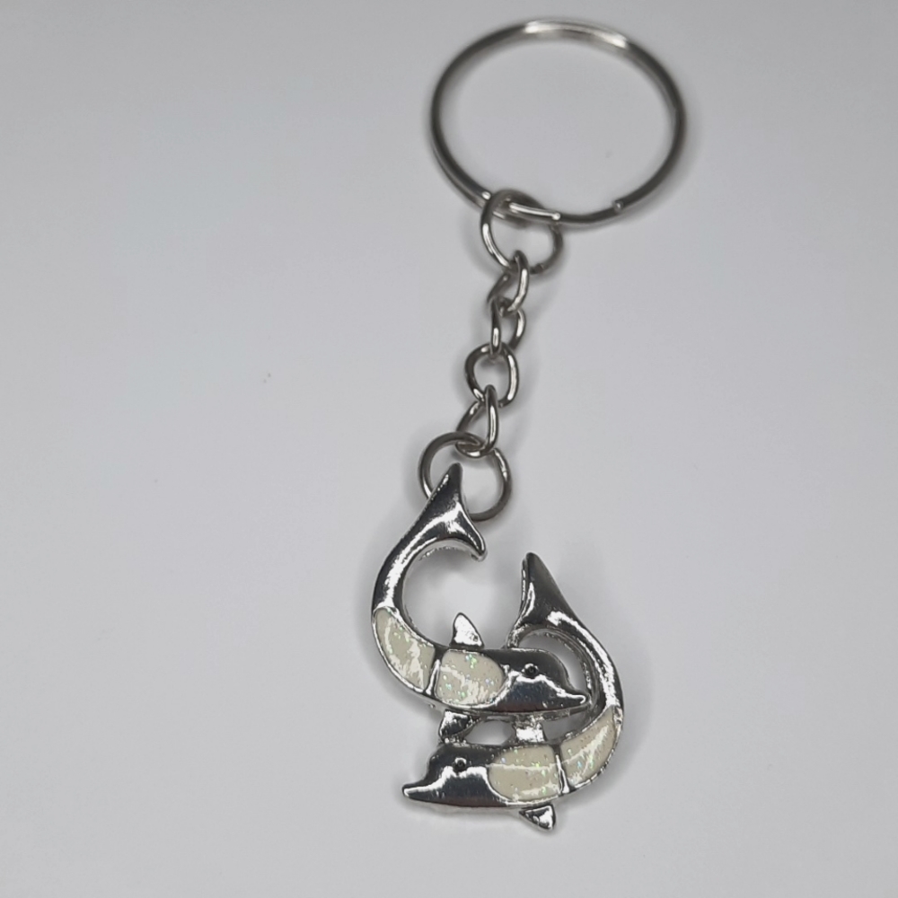 2 Swimming Dolphins Synthetic Opal Keychain